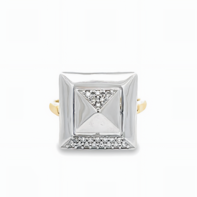 14K YELLOW AND WHITE GOLD DOUBLE PYRAMID SPINNER RING WITH 0.15CTW