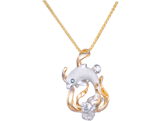 14K zweifarbiger Delphinanhänger mit blauem Diamanten