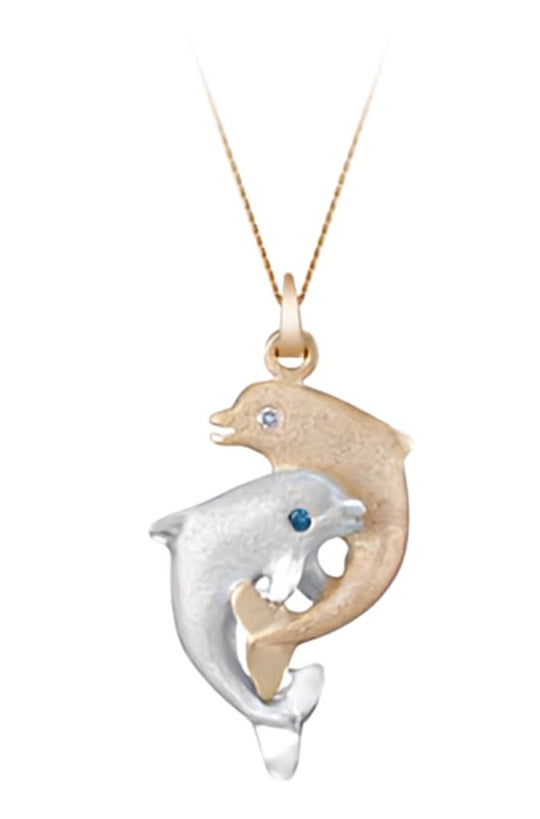 14 Karat zweifarbiger "Jumping Loop" -Delphin-Anhänger mit Diamanten