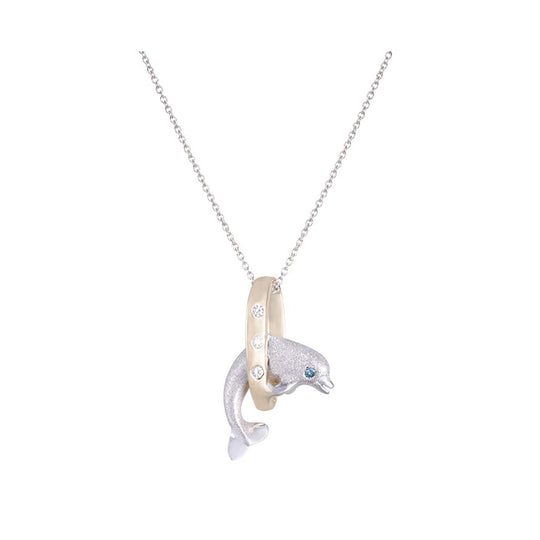 14 Karat zweifarbiger "Jumping Loop" -Delphin-Anhänger mit Diamanten
