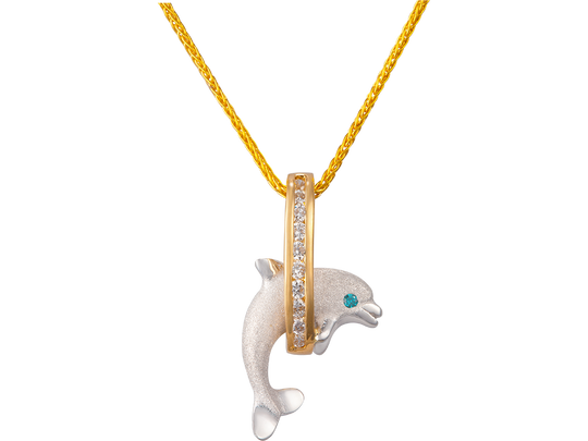 15mm 14K Two Tone "Jumping Loop" Delphin Anhänger mit Diamanten