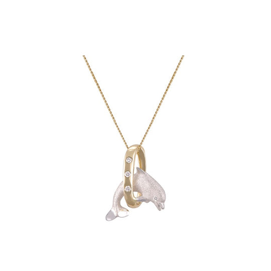 14 Karat zweifarbiger "Jumping Loop" -Delphin-Anhänger mit Diamanten
