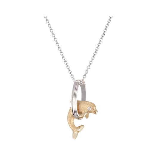 14 Karat zweifarbiger "Jumping Loop" -Delphin-Anhänger mit Diamanten
