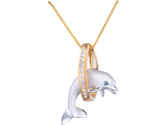 20mm 14K zwei Ton "Jumping Loop" Delphin Anhänger mit Diamanten