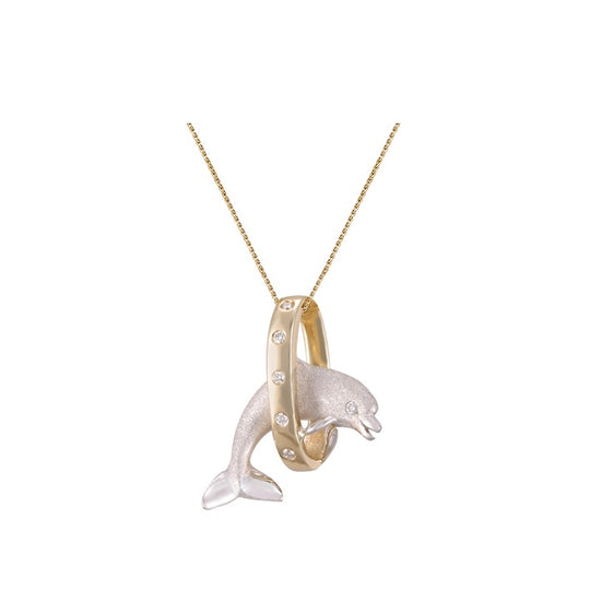 15mm 14K zwei Ton Surfen Delphin Paar Anhänger mit blauen Diamanten