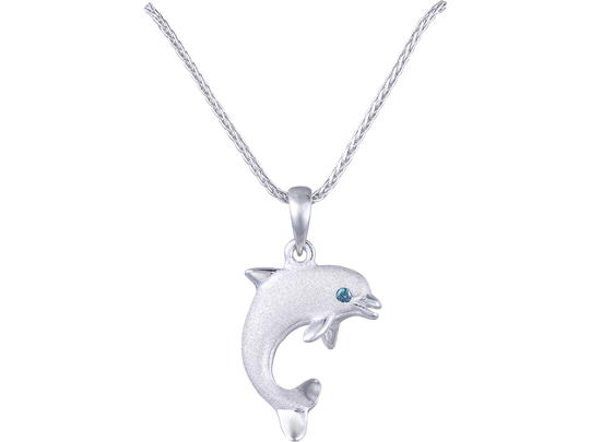 15mm 14K Weißgold "Jumping Single" Delphin Anhänger mit blauen Diamanten