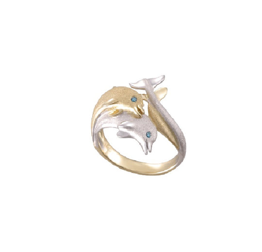 15mm 14K Two Tone Gold "Paar flippen" Delphin Ring mit blauen Diamanten Augen