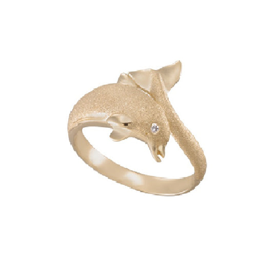 15mm 14K Two Tone Gold "Paar flippen" Delphin Ring mit blauen Diamanten Augen