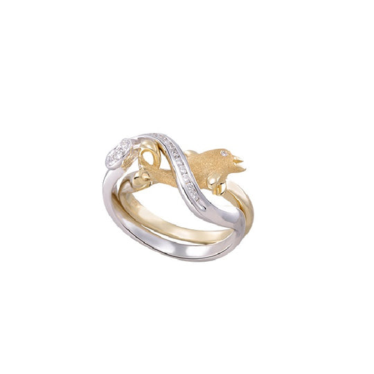 15mm 14K Two Tone Gold "Paar flippen" Delphin Ring mit blauen Diamanten Augen