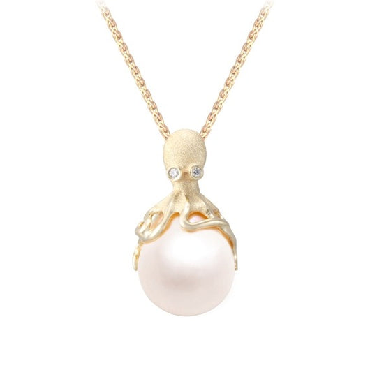 Gold Octopus Anhänger Mit 12mm Weißer Süßwasser-Perle & Diamanten