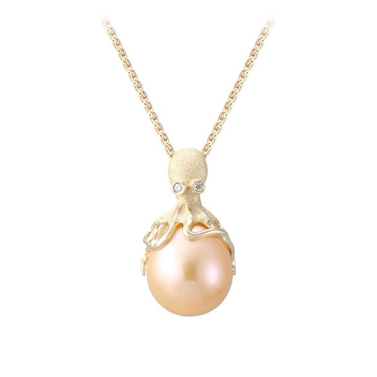 Gold Octopus Anhänger mit 10mm Pfirsich Süßwasser Perle & Diamanten