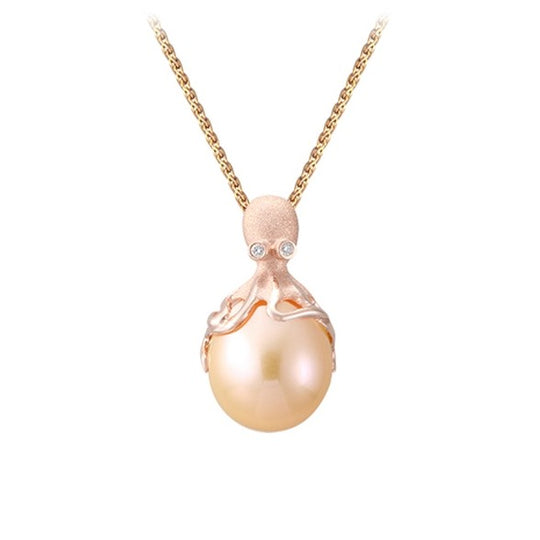 Rose Gold Octopus Anhänger mit 10mm Pfirsich Süßwasser perle & Diamanten
