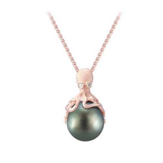 Rose Gold-Octopus-Anhänger-Mit 11mm Tahiti-Perle &amp; Diamanten