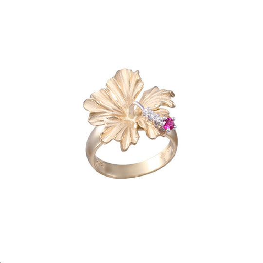 14K Gelbgold Hibiskus Ring mit 2 Diamanten