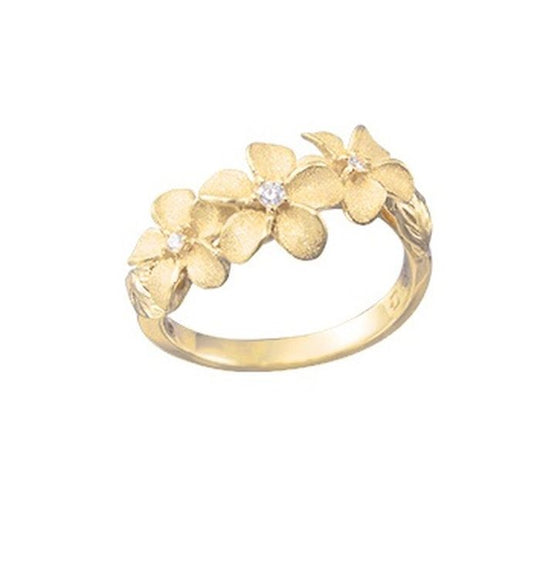 Plumeria-Ring aus 14 Kt. Gelbgold mit 3 Diamanten