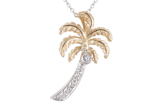 14K zwei Ton single Palm Tree Anhänger mit 9 Diamanten