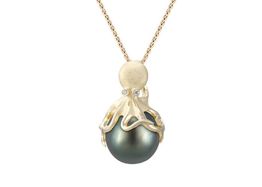 Gold Octopus Anhänger mit 11mm Tahitian Perle & Diamanten